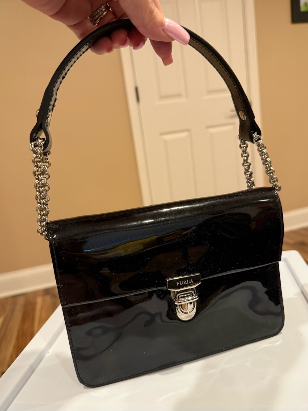 Furla Black Patent Leather Chain-Handle Shoulder Bag